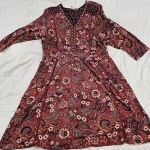 Coldwater Creek Petite Large Floral Embroidered V Neck Boho Midi A-Line Dress
